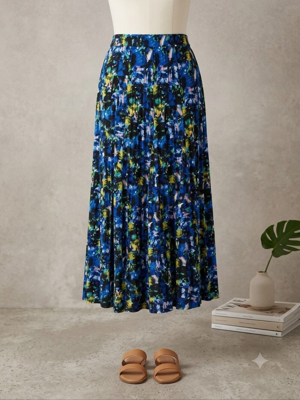 Premise Studio Blue Floral Flowy Midi Skirt, Size Large